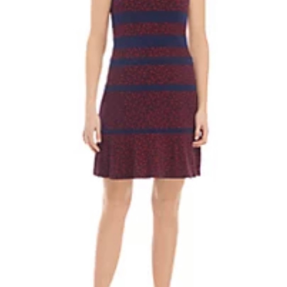 MICHAEL Michael Kors Red Burgundy Paisley Print Striped Navy Blue Dress S